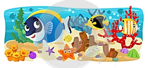 Cartoon scene with coral reef fishes illustration