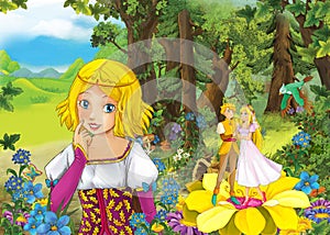 Cartoon scene with cute princes in the forest - beautiful manga girl