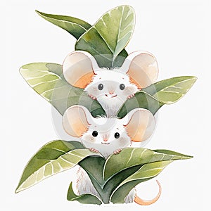 Cartoon scene with cute white mouses in green leaves isolated on white background. Watercolor illustration. Generative AI
