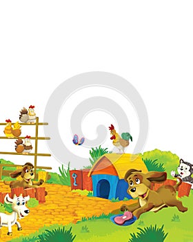 Cartoon scene with different animals on a farm having fun on white background - illustration for children