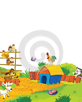 Cartoon scene with different animals on a farm having fun on white background - illustration for children