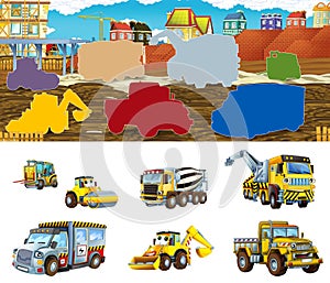 Cartoon scene with different construction site vehicles - illustration matching game for children
