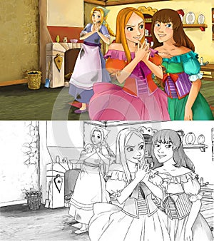 Cartoon scene for different fairy tales two rich sisters and a poor sister