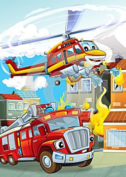 Cartoon scene with different fire fighter machines helicopter and fire brigade truck illustration