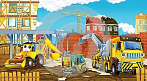 Cartoon scene with different happy construction site vehicles