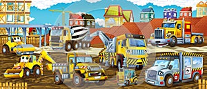 Cartoon scene with different happy construction site vehicles