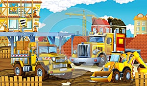 Cartoon scene with different happy construction site vehicles