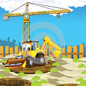 Cartoon scene with digger excavator or loader on construction site