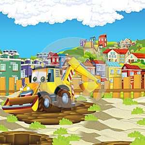 Cartoon scene with digger excavator or loader on construction site