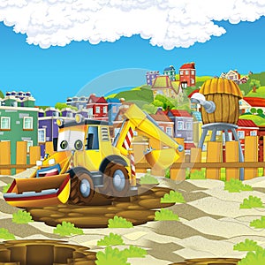 Cartoon scene with digger excavator or loader on construction site