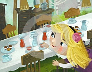 cartoon scene with dinner table as picnic in the forest wacky party with little girl princess illustration for children
