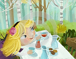 cartoon scene with dinner table as picnic in the forest wacky party with little girl princess illustration for children