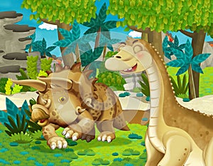 Cartoon scene with dinosaur apatosaurus diplodocus with some other dinosaur in the jungle triceratops and young triceratops