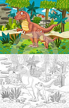 Cartoon scene with dinosaur tyrannosaurus rex in the jungle