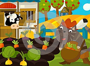 Cartoon scene with dressed cat on the farm