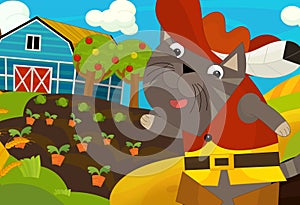 Cartoon scene with dressed cat on the farm