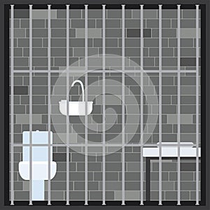 Cartoon scene with empty prison room. Prison cell jail interior room with furniture