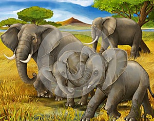 Cartoon scene with family of elephants safari