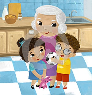 cartoon scene with family in the kitchen young and grownups illustration for children photo