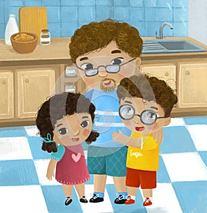 cartoon scene with family in the kitchen young and grownups illustration for children photo