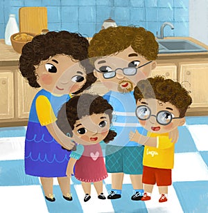 cartoon scene with family in the kitchen young and grownups illustration for children photo