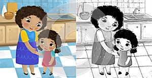 cartoon scene with family in the kitchen young and grownups illustration for children photo