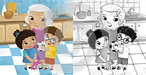 cartoon scene with family in the kitchen young and grownups illustration for children photo