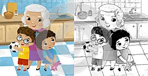 cartoon scene with family in the kitchen young and grownups illustration for children photo