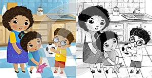 cartoon scene with family in the kitchen young and grownups illustration for children photo