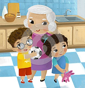 cartoon scene with family in the kitchen young and grownups illustration for children photo