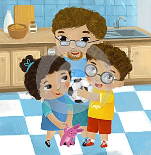 cartoon scene with family in the kitchen young and grownups illustration for children photo