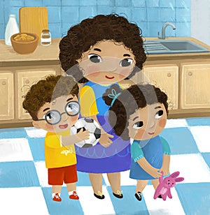 cartoon scene with family in the kitchen young and grownups illustration for children photo