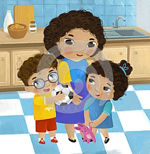 cartoon scene with family in the kitchen young and grownups illustration for children photo