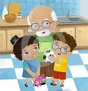 cartoon scene with family in the kitchen young and grownups illustration for children photo