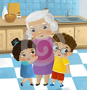 cartoon scene with family in the kitchen young and grownups illustration for children photo