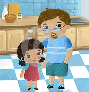 cartoon scene with family in the kitchen young and grownups illustration for children photo