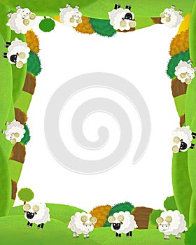 cartoon scene with farm animals frame border with space for text illustration for children