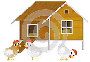 cartoon scene with farm element farm wooden house home chicken coop with birds rooster hens isolated background illustration for