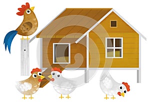 cartoon scene with farm element farm wooden house home chicken coop with birds rooster hens isolated background illustration for