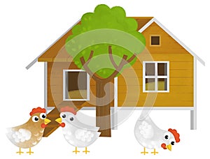 cartoon scene with farm element farm wooden house home chicken coop with birds rooster hens isolated background illustration for