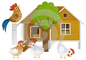 cartoon scene with farm element farm wooden house home chicken coop with birds rooster hens isolated background illustration for