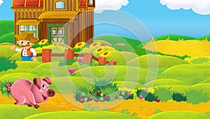 Cartoon scene with farm ranch animal near wooden barn - illustration