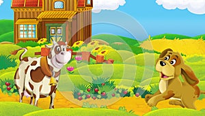 Cartoon scene with farm ranch animal near wooden barn - illustration