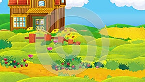 Cartoon scene with farm ranch animal near wooden barn - illustration