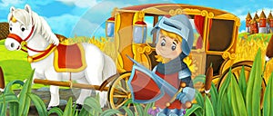 cartoon scene with farm ranch field and horse with royal medieval chariot knight prince illustration for children