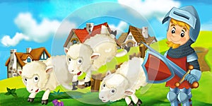 cartoon scene with farm ranch medieval house with rural elements and sheep on the meadow knight prince illustration for children