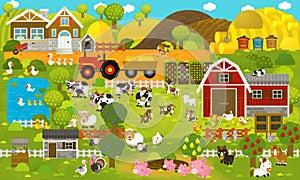 Cartoon scene with farm village and buildings like map - illustration