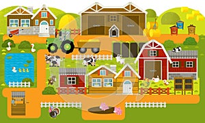 Cartoon scene with farm village and farm animals - illustration