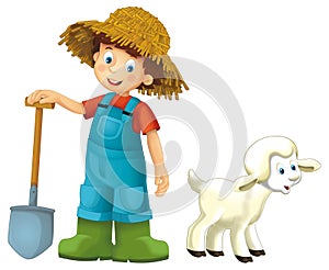 cartoon scene with farmer boy man standing with pitchfork and farm animal sheep isolated background illustation for children