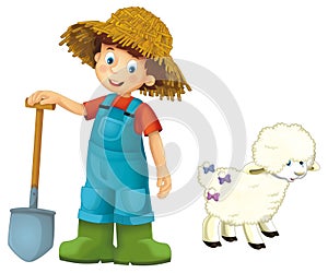 cartoon scene with farmer boy man standing with pitchfork and farm animal sheep isolated background illustation for children
